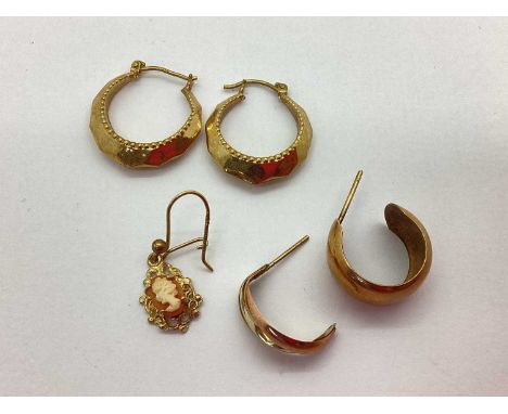 A Pair of Creole Style Hoop Earrings, (indistinctly stamped); a cameo style drop earring (odd); etc.3.5grams total weight.