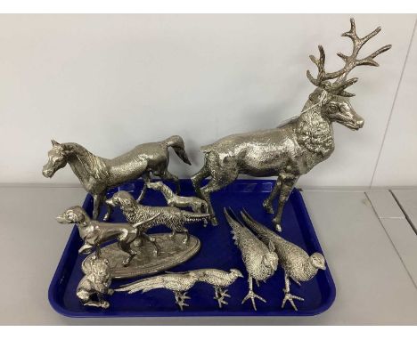A Heavy Silver Plated Model of A Stag, overall height 28.5cm; Together with Model Horses, dogs, pheasants etc.