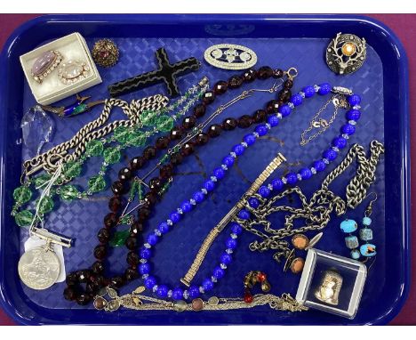 An Assortment of Vintage and Later Jewellery, to include a jet coloured cross pendant (damages), faceted bead necklace, ename