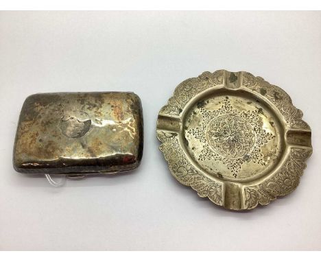 A Hallmarked Silver Cigarette Case, hammered finish (damages / old repair); together with a decorative ashtray, (stamped mark