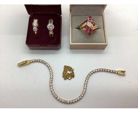 Tova; A "925" Stone Set Gilt Coloured Dress Ring, of Art Deco crossover design (finger size R1/2), two further "925" CZ set g