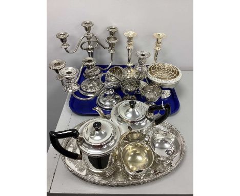 A Viners Plated Four Piece Tea Set, together with decorative oval gallery style tray; together with twin branch candelabra, p
