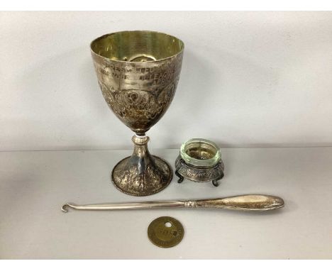 Vintage Hommet Salt with Glass Liner, together with a presentation goblet "Presented to Johanna Stringer from your Colleagues