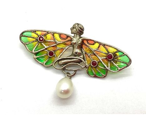 A Modern Art Nouveau Style Plique a Jour Brooch, the decorative wings with collet set highlights, suspending a fresh water pe