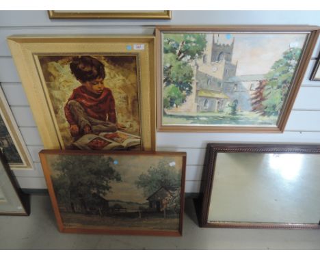 A selection of print and original oil on board of church