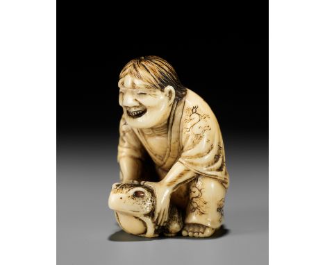 MASATSUGU: AN AMUSING OSAKA SCHOOL IVORY NETSUKE OF GAMA SENNIN LIFTING HIS TOADBy Masatsugu, signed Masatsugu 正次Japan, Osaka