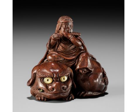KEIKOKU: A VERY FINE INLAID WOOD NETSUKE OF MONJU BOSATSUBy Keikoku, signed Keikoku 渓谷Japan, Tokyo, late 19th century, Meiji 