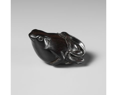 A RARE DARK WOOD NETSUKE OF A SUMO WRESTLING FROGJapan, 18th century, Edo period (1615-1868)A very unusual and wonderfully ta