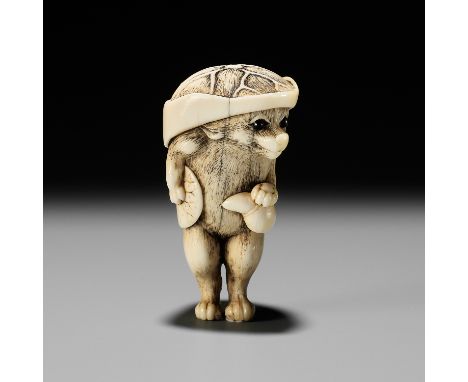 A HUMOROUS OSAKA SCHOOL IVORY NETSUKE OF TANUKI DISGUISED AS A SAKE VENDORUnsignedJapan, Osaka, late 18th to early 19th centu