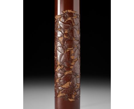 A FINE LACQUER KISERUZUTSU WITH BUTTERFLIESUnsignedJapan, late 19th centuryOf muso-zutsu type, the burgundy-lacquered pipe ca