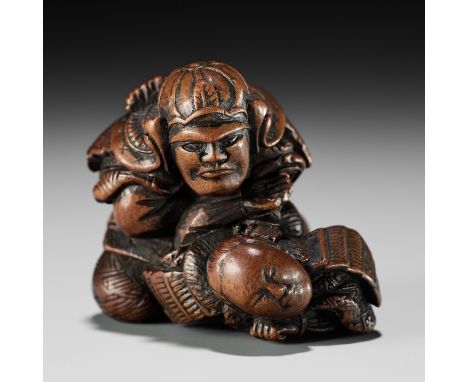 MASATOSHI: A RARE WOOD NETSUKE OF KUMAGAI NAOZANE AND TAIRA ATSUMORI IN COMBATBy Masatoshi, signed Masatoshi 正利Japan, Nagoya,