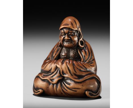 MINKOKU: A SUPERB WOOD NETSUKE OF DARUMABy Minkoku, signed Minkoku 民谷Japan, Edo (Tokyo), early 19th century, Edo period (1615