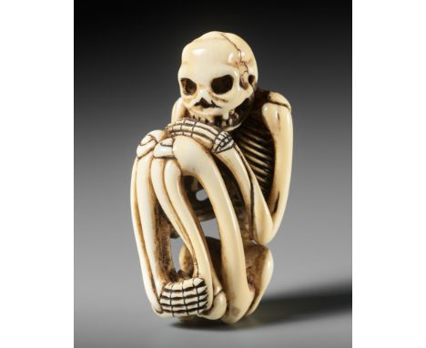 A FINE IVORY NETSUKE OF A SKELETONUnsignedJapan, Edo (Tokyo), 19th century, Edo period (1615-1868)Superbly carved as a seated