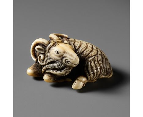 A FINE MARINE IVORY NETSUKE OF A RECLINING GOATUnsignedJapan, Kyoto, c. 1800, Edo period (1615-1868)Of compact form, the tusk