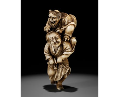 IKKOSAI: A POWERFUL IVORY NETSUKE OF OMORI HIKOSHICHI ENCOUNTERING THE DEMONESSBy 'Saru' Ikkosai, signed Ikkosai 一光齋Japan, To