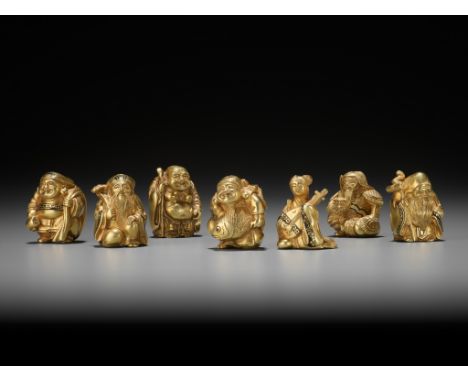 TAKACHIKA: A VERY RARE SOLID GOLD OJIME SET OF THE SEVEN LUCKY GODS (SHICHIFUKUJIN)By Sano Takachika, each ojime signed Takac