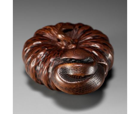 TADAKUNI: A FINE NAGOYA SCHOOL WOOD NETSUKE OF SNAKE WINDING THROUGH A PUMPKINBy Tadakuni, signed Tadakuni 忠國Japan, Nagoya, m