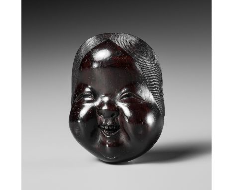 MEIKEISAI HOJITSU: A FINE DARK WOOD MASK NETSUKE OF OKAMEBy Meikeisai Hojitsu (c. 1790-1873), signed Meikeisai Hojitsu 明鶏斎法實J