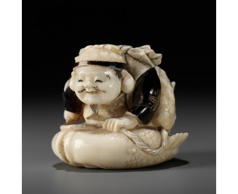 GYOKUMIN: A FINE TOKYO SCHOOL IVORY NETSUKE OF EBISU CATCHING A SEA BREAMBy Gyokumin, signed Gyokumin 玉眠Japan, Tokyo, Meiji p