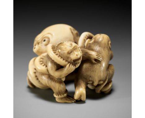 IKKOSAI: A SUPERB IVORY NETSUKE OF TWO MONKEYS FIGHTING AN OCTOPUSBy 'Saru' Ikkosai, signed Ikkosai 一光齋Japan, Tokyo, late 19t