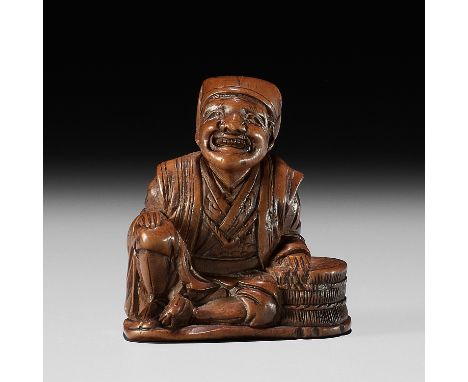 GYOKURINTEI: A WOOD NETSUKE OF A FARMER TAKING A BREAKBy Gyokurintei, signed Gyokurintei 玉林亭Japan, Edo (Tokyo), c. 1820, Edo 