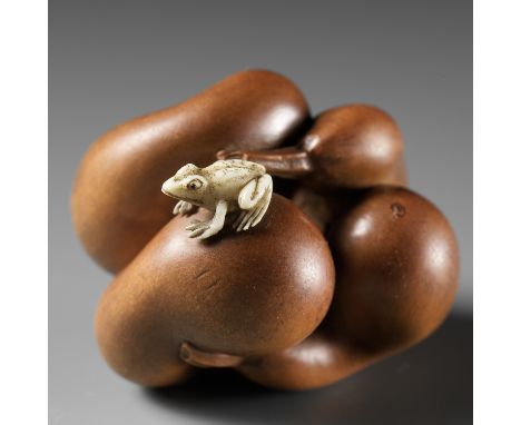 MASANAO: A FINE INLAID WOOD NETSUKE OF FIVE GOURDS AND A FROGBy a member of the Masanao family, signed Masanao 正直Japan, Yamad