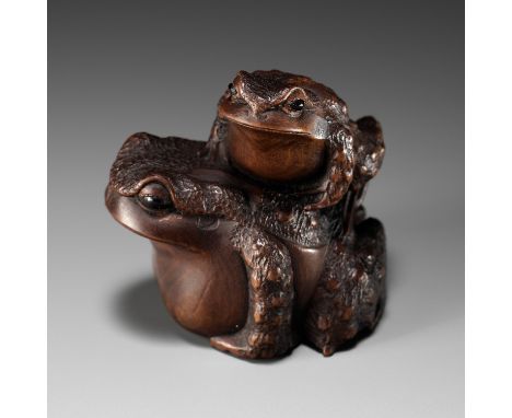 MASANAO: A FINE WOOD NETSUKE OF A TOAD WITH YOUNGBy a member of the Masanao family, signed Masanao 正直Japan, Yamada, Ise provi