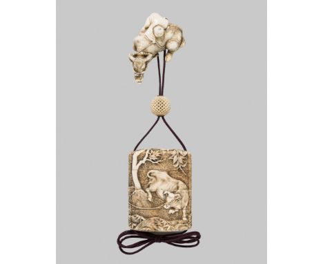 A RARE KYOTO SCHOOL IVORY THREE-CASE INRO REFERENCING THE TEN OX HERDING PICTURES, WITH EN-SUITE NETSUKE BY GARAKUThe netsuke