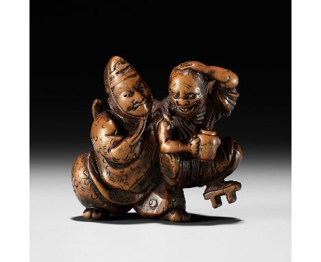 KASHUN: A WOOD NETSUKE OF TAIRA NO TADAMORI CAPTURING THE OIL THIEFBy Kashun, signed Kashun 花春Japan, 19th century, Edo period