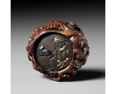 A FINE AND RARE WOOD AND MIXED METAL 'DRAGON' KAGAMIBUTA WITH DAIKOKU AND A RATBy Shuzan and Harumitsu, signed Shuzan 周山 and 