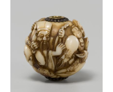 KOMIN: A FINE IVORY OJIME DEPICTING THE SHICHIFUKUJIN (SEVEN GODS OF FORTUNE)By Komin, signed Komin 光珉Japan, 19th centuryFine
