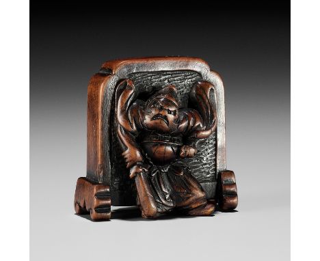 HIDEMASA: A HUMOROUS WOOD NETSUKE OF SHOKI AND ONIBy Hidemasa, signed Hidemasa 秀正Japan, Osaka, 19th century, Edo period (1615