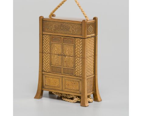 YAMAGUCHI SHOJOSAI: AN UNUSUAL GOLD-LACQUER THREE-CASE INRO IN THE FORM OF AN OI (MONK'S BACKPACK)By Yamaguchi Shojosai, sign