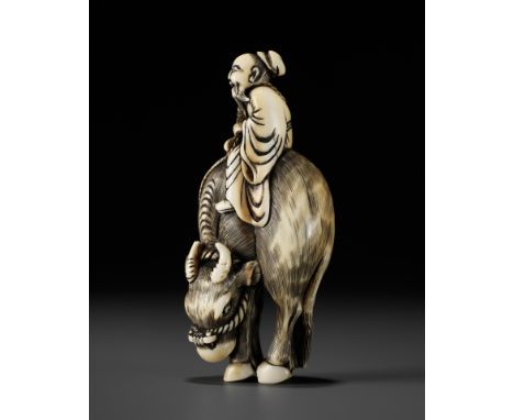 A FINE IVORY NETSUKE OF ROSHI ATOP AN OXUnsignedJapan, 18th century, Edo period (1615-1868)The ox meekly standing foursquare,
