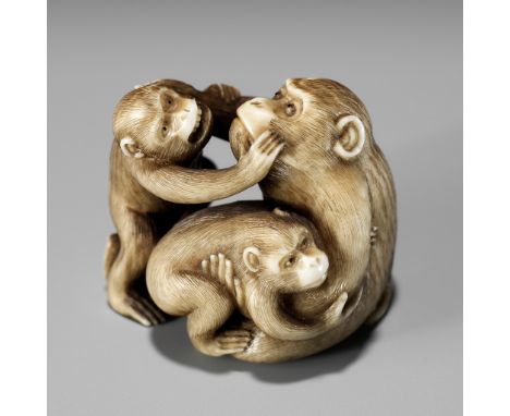 IKKOSAI: A FINE IVORY NETSUKE OF A MONKEY WITH TWO YOUNGBy 'Saru' Ikkosai, signed Ikkosai 一光齋Japan, Tokyo, late 19th century,