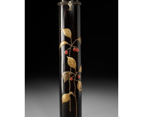SHIRAYAMA SHOSAI: A RARE AND SUPERB BLACK LACQUER KISERUZUTSU DEPICTING NANDINA SPROUTSBy Shirayama Shosai (1853-1923), signe