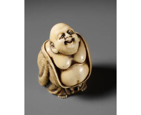 ANRAKU: A SUPERB IVORY NETSUKE OF HOTEIBy Shukosai Anraku(sai), signed Anraku 安樂Japan, Osaka, 19th century, Edo period (1615-