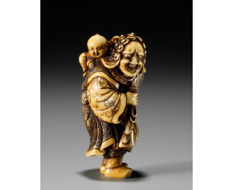 OKAKOTO: A FINE IVORY NETSUKE OF A DUTCHMAN WITH CHILDBy Yamaguchi Okakoto, signed Okakoto 岡言Japan, Kyoto, late 18th century,