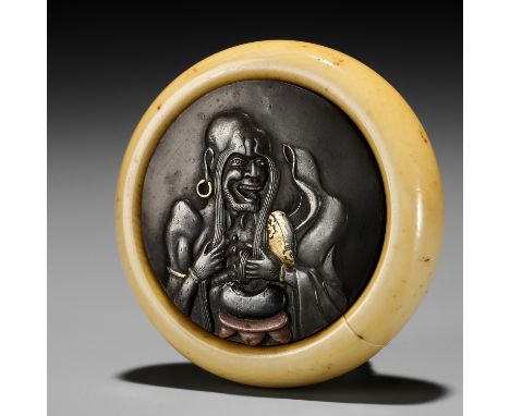 AN IVORY AND MIXED METAL KAGAMIBUTA OF A LONG-BROWED RAKANUnsignedJapan, late 19th centuryThe shibuichi disc finely worked in