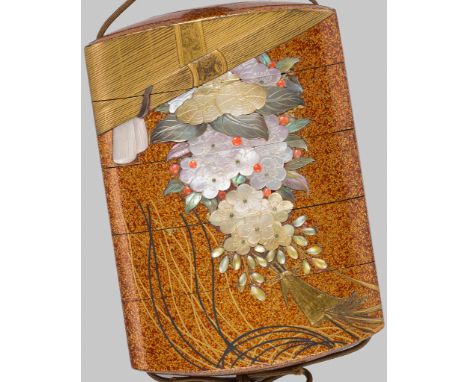 SHIBAYAMA MASAYOSHI: A FINE INLAID FOUR-CASE LACQUER INRO WITH EN-SUITE NETSUKEBy Shibayama Masayoshi, signed Masayoshi 政由Jap