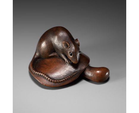 MASANAO: A FINE WOOD NETSUKE OF A RAT ON A MUSHROOMBy a member of the Masanao family, signed Masanao 正直Japan, Yamada, Ise pro