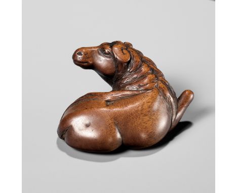 YASUTADA: A RARE WOOD NETSUKE OF A RECUMBENT HORSEBy Yasutada, signed Yasutada 安忠Japan, late 18th century, Edo period (1615-1