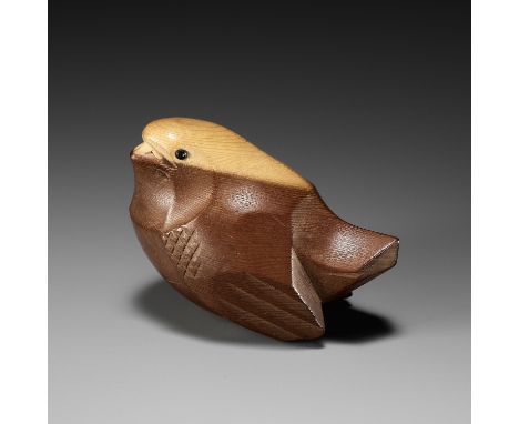 SUKENAO: A CHARMING HIDA SCHOOL ITTOBORI YEW WOOD NETSUKE OF A CHIDORI (PLOVER)By Hirono Sukenao (1844-1885), signed Sukenao 