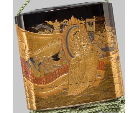 KAJIKAWA BUNRYUSAI: A MAGNIFICENT LACQUER FOUR-CASE INRO DEPICTING YOSHITSUNE'S JUMP ACROSS EIGHT BOATS AT DAN-NO-URABy Kajik