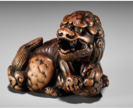 A FINE TANBA SCHOOL WOOD NETSUKE OF A SHISHI WITH YOUNGUnsignedJapan, Tanba Province, early 19th century, Edo period (1915-18