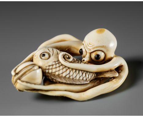 MASAKAZU: A LARGE AND IMPRESSIVE OSAKA SCHOOL IVORY NETSUKE OF AN OCTOPUS WITH CLAMSBy Masakazu, signed Masakazu 正一Japan, Osa