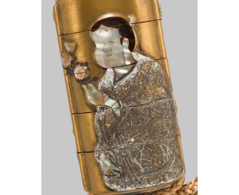 KORIN: A MITSUDA INLAID FOUR-CASE GOLD LACQUER INRO WITH OTAFUKUAfter Ogata Korin (1658-1716), signed Korin zo 光琳造 and sealed