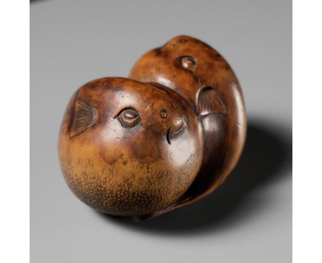 SARI: A SUPERB WOOD NETSUKE OF A PAIR OF BLOWFISH (FUGU)By Sari, signed Sari 左里Japan, Iwashiro province, c. 1800-1820, Edo pe