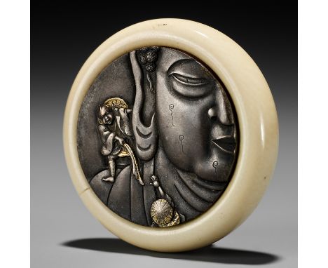 AN IVORY KAGAMIBUTA NETSUKE DEPICTING PILGRIMS CLIMBING THE GREAT BUDDHA OF NARAUnsignedJapan, late 19th centuryThe shibuichi
