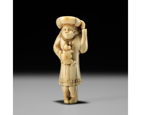 A RARE IVORY NETSUKE OF A DUTCHMAN AND MONKEYUnsignedJapan, Kyoto, late 18th century, Edo period (1615-1868)The Dutchman carv